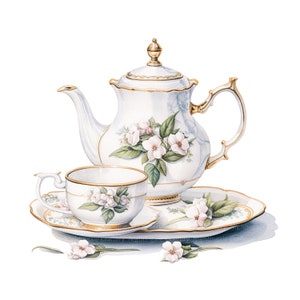 Peut inclure: Un ensemble th&eacute;i&egrave;re et tasse en porcelaine blanche avec des finitions dor&eacute;es et des motifs floraux. La th&eacute;i&egrave;re a un couvercle avec un bouton dor&eacute; et un bec verseur. La tasse a une soucoupe avec un motif floral. L'ensemble est sur un plateau blanc avec une bordure dor&eacute;e.