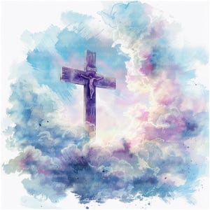 10 Clipart di croce tra le nuvole, Gesù crocifisso, clipart di acquerello stampabili, JPG di alta qualità, download digitale, artigianato di carta, diari spazzatura