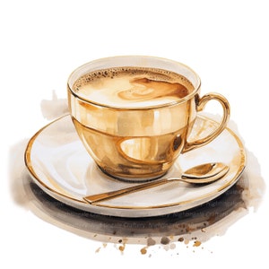 12 Coffee Cup Clipart, Clipart acquerello dorato, stampabile, JPG di alta qualità, download digitale, alta risoluzione, artigianato con la carta, journaling