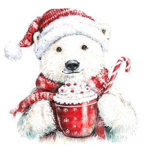 8 Polar Bear and Mug Clipart, Santa Bear, Printable Watercolor clipart, High Quality JPGs, Digital download, Paper crafts, junk journal