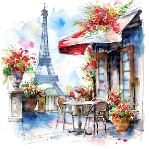9 France Cafe Clipart, Floral Cafe Clipart, Printable Watercolor clipart, High Quality JPGs, Digital download, Paper craft, junk journals