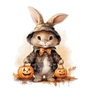 14 Clipart coniglietto di Halloween, coniglio di Halloween, clipart acquerello stampabile, JPG di alta qualità, download digitale, creazione di carta, diario spazzatura