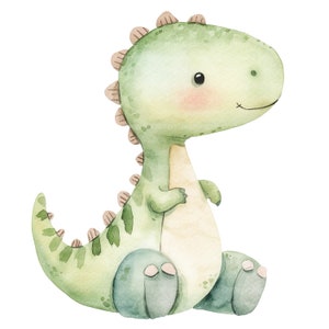 Pu&ograve; includere: Illustrazione ad acquerello di un simpatico dinosauro verde chiaro con un'espressione sorridente. Il dinosauro ha una spina dorsale marrone chiaro, guance rosee ed &egrave; seduto. L'immagine &egrave; in stile morbido e pastello, ideale per l'arredamento dei bambini.