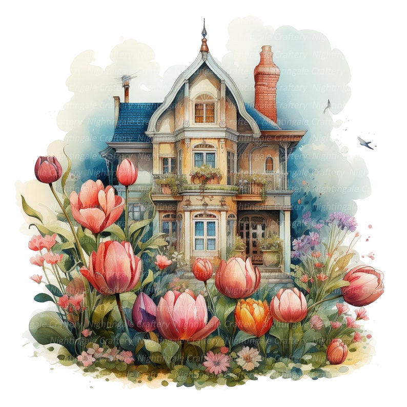10 Floral House Clipart, Garden Flowers, Printable Watercolor Clipart ...