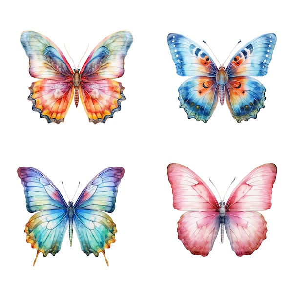 20 cliparts papillon coloré, clipart aquarelle imprimable, fichiers JPG de haute qualité, téléchargement numérique, haute résolution, créations en papier, journal indésirable