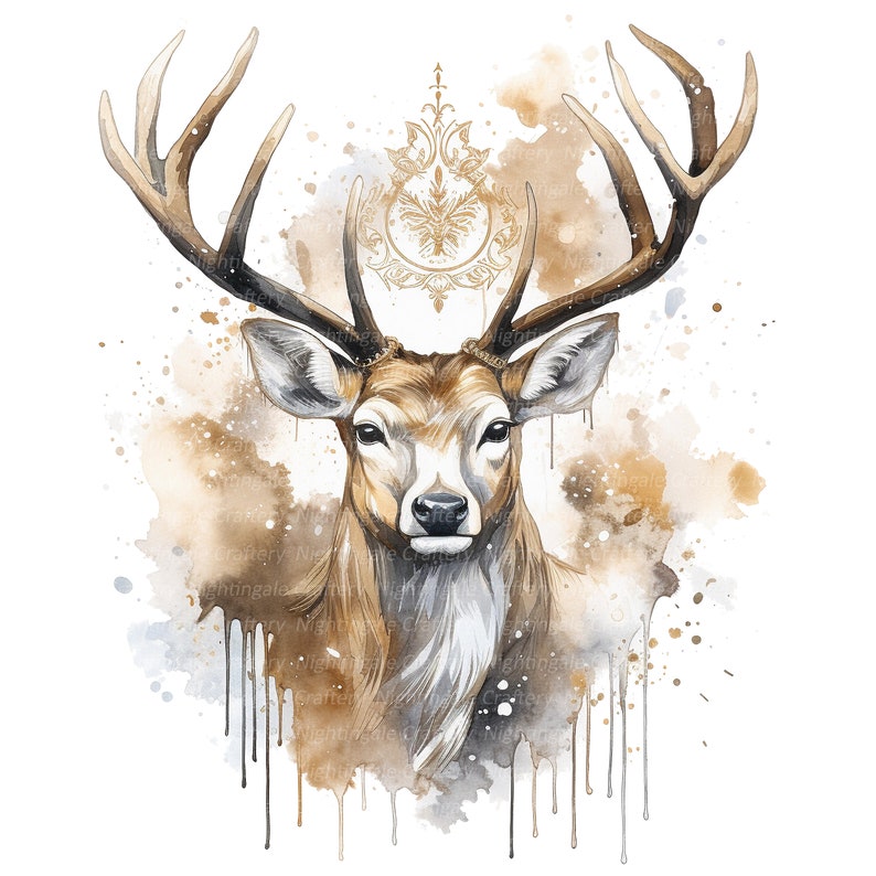 10 Golden Christmas Deer Clipart, Reindeer, Elk, Printable Watercolor ...