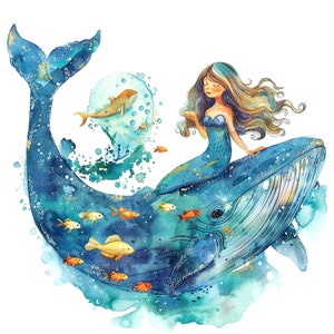 10 petite sirène fille Clipart, clipart baleine, clipart aquarelle imprimable, PNG de haute qualité, téléchargement numérique, créations en papier, journaux indésirables