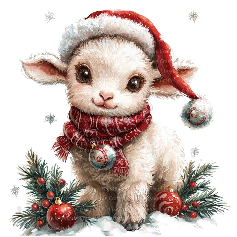May include: A cute lamb illustration wearing a red and white Santa hat and a matching scarf. The lamb is surrounded by Christmas ornaments and pine branches, creating a festive holiday scene. The lamb has large, expressive eyes.
