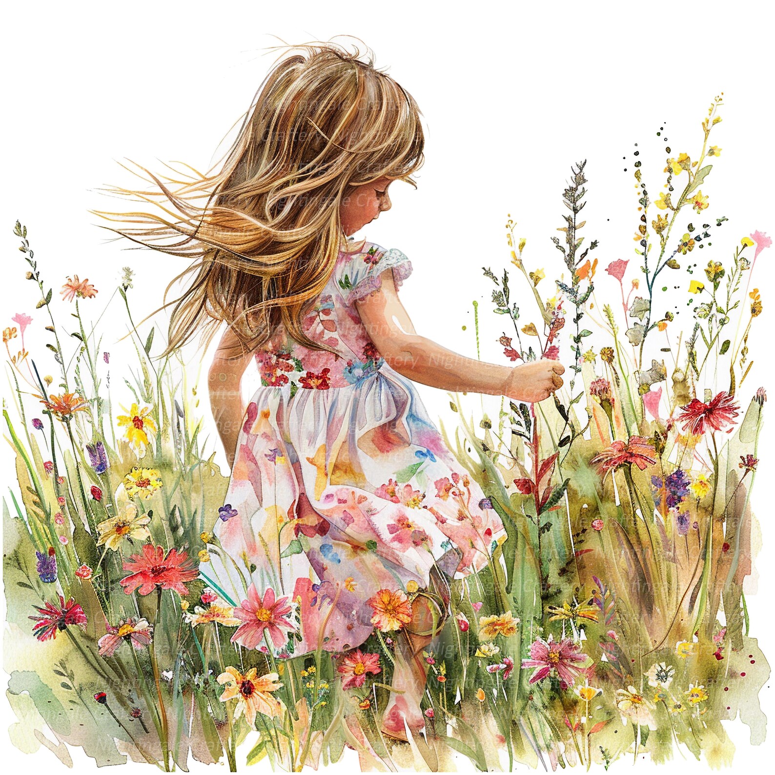 10 Girl in Flowers Clipart, Wildflower Clipart, Printable Watercolor ...