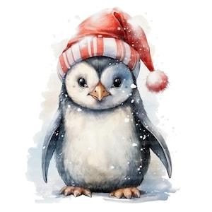 12 cliparts pingouin avec chapeau de Noël, pingouin, clipart aquarelle imprimable, fichiers JPG de haute qualité, téléchargement numérique, créations en papier, journal indésirable