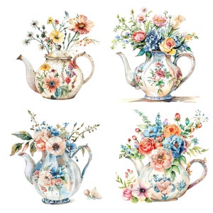 16 Vintage Blumen Teekanne Clipart Set 2, druckbare Aquarell Clipart, hochwertige JPGs, digitaler Download, Papiermodell, Junk Journals