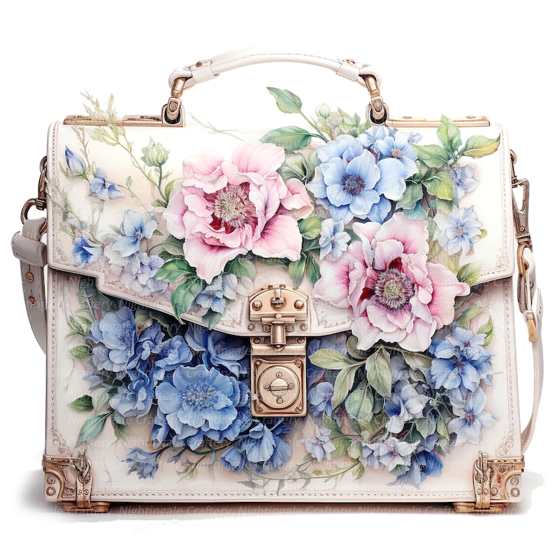 May include: A white leather handbag featuring a floral design. The bag has a top handle and a shoulder strap. The flowers are painted in shades of blue, pink, and green.