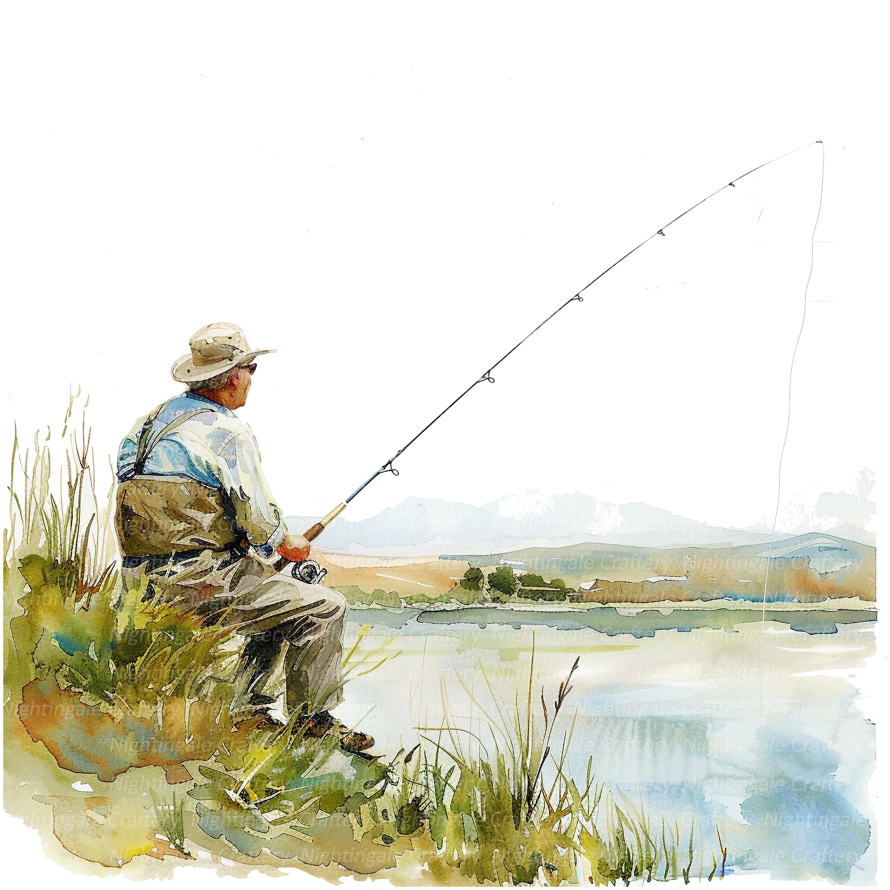 14人の釣り人クリップアート、湖での釣り風景、印刷可能な水彩画