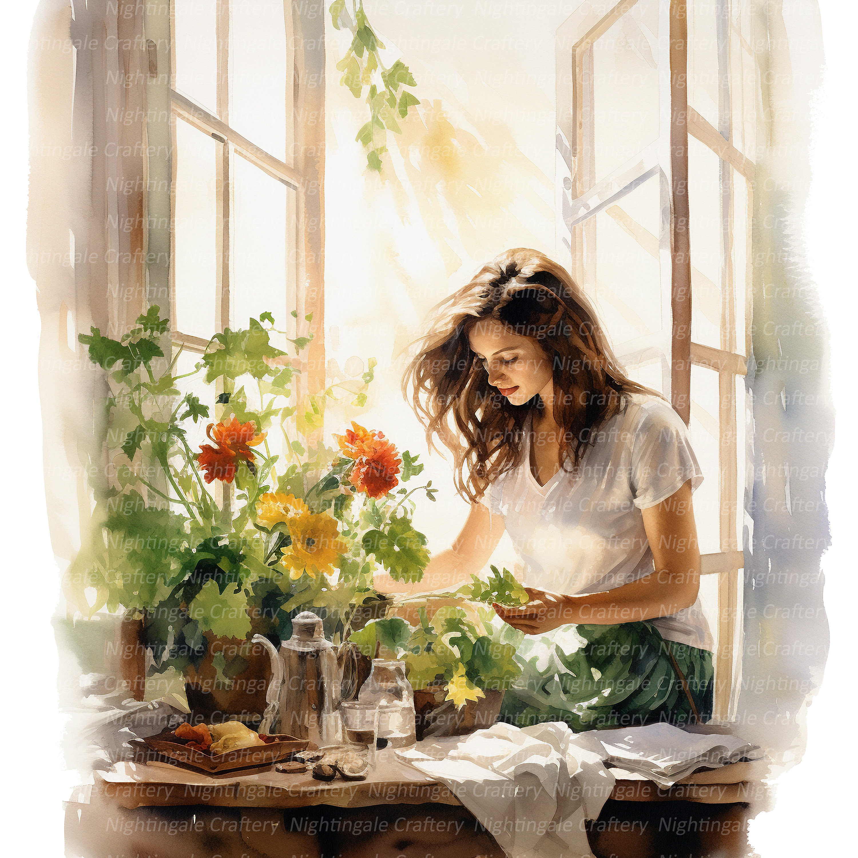 12 Clipart femme arrosant des fleurs, clipart aquarelle imprimable