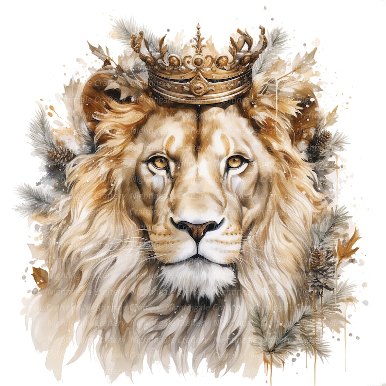 May include: A watercolor painting of a lion wearing a gold crown. The lion has a white mane and a golden brown face. The background is a watercolor wash of brown and white.