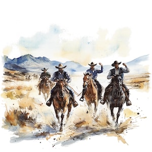 7 cliparts cowboys, cowboys du Far west, clipart aquarelle imprimable, fichiers JPG de haute qualité, téléchargement numérique, créations en papier, journal de bordel