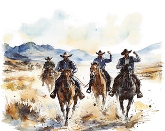 7 Cowboys Clipart, Wild west Cowboys riding, Printable Watercolor clipart, High Quality JPGs, Digital download, Paper craft, junk journal
