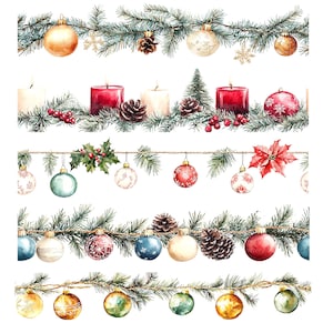 20 verschillende kerstslinger clipart, naadloze rand, afdrukbare aquarel clipart, hoge kwaliteit png/jpg, digitale download, papierkunst