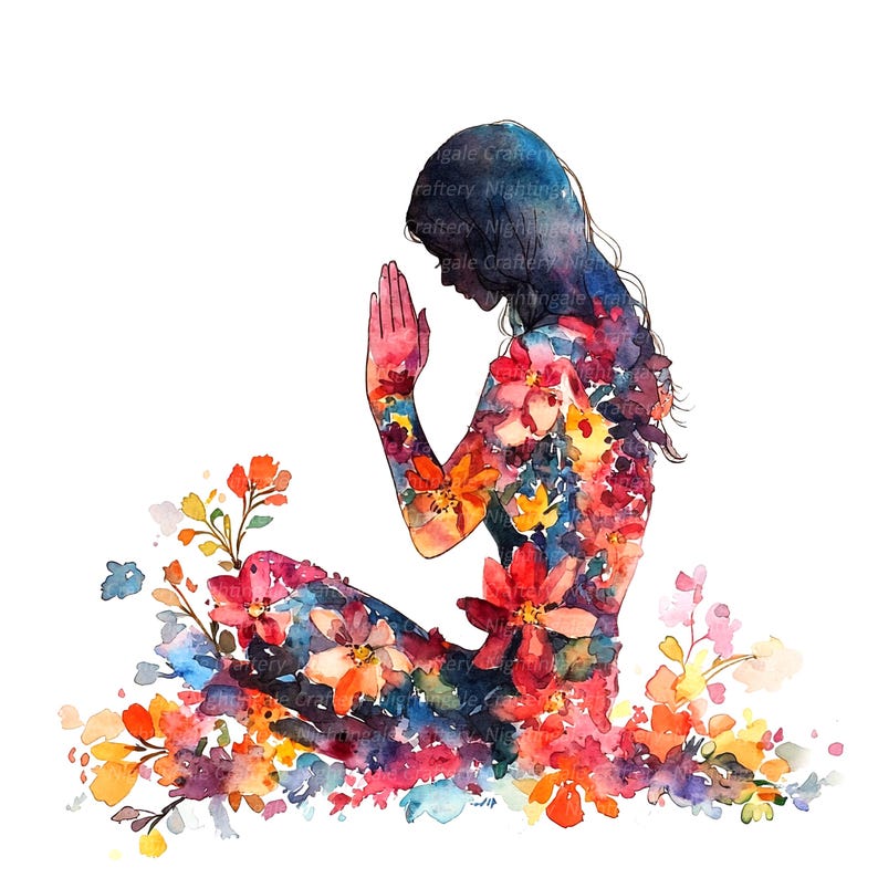 May include: Watercolor illustration of a person in a seated position with hands clasped in prayer. The figure is filled with colorful flowers in shades of red, orange, and purple. The background is white.
