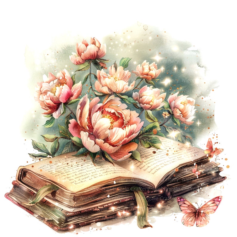 May include: A vintage book with delicate pink peonies and butterflies emerging from its pages. The book is open and has a worn, aged look, with a soft, watercolor background.