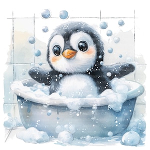 9 Clipart pingouin dans la baignoire, lavage de pingouin, clipart aquarelle imprimable, fichiers JPG de haute qualité, téléchargement numérique, créations en papier, sublimation