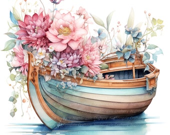 10 bloemen boot clipart set 2, boot clipart, afdrukbare aquarel clipart, hoge kwaliteit png's, digitale download, papier ambacht, ongewenste tijdschriften
