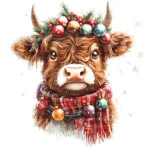 May include: A brown and white Highland cow with a red and black plaid scarf and a wreath of green pine branches and red and gold Christmas ornaments on its head.