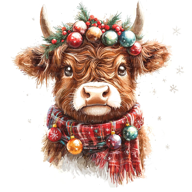 May include: A brown and white Highland cow with a red and black plaid scarf and a wreath of green pine branches and red and gold Christmas ornaments on its head.