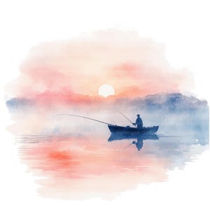 7 Foggy Fishing Clipart, Lake Fishing Landscape, Printable Watercolor clipart, High Quality JPG, Digital download, Paper craft, Junk Journal