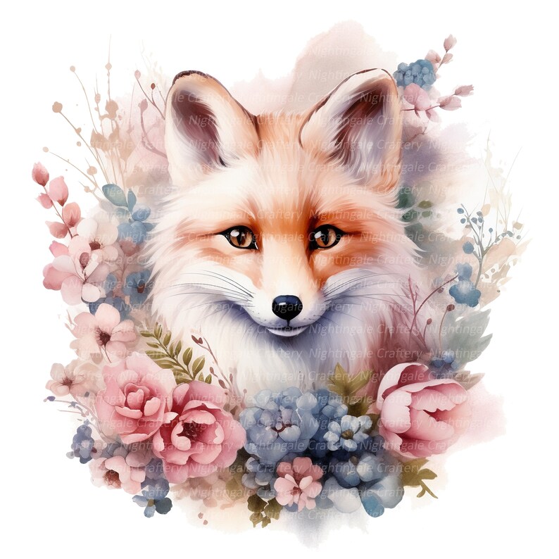 May include: A watercolor painting of a fox with a soft, orange and white fur, surrounded by pink, blue, and white flowers. The fox is looking directly at the viewer with a gentle expression.
