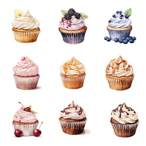 18 smakelijke cupcake clipart, cake clipart, afdrukbare aquarel clipart, hoge kwaliteit jpg's, digitale download, Paper Craft, junk tijdschriften