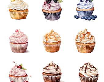 18 Tasty Cupcake Clipart, Cake Clipart, Printable Watercolor clipart, High Quality JPGs, Digital download, Paper craft, junk journals