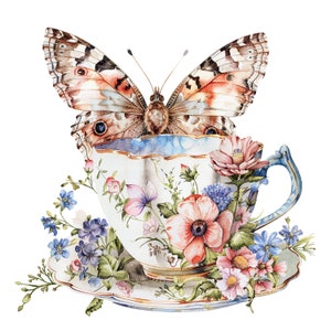 16 Schmetterling und Teetasse Clipart, Teetasse Clipart, druckbare Aquarell Clipart, hochwertige JPG, digitaler Download, Papiermodell, Journal