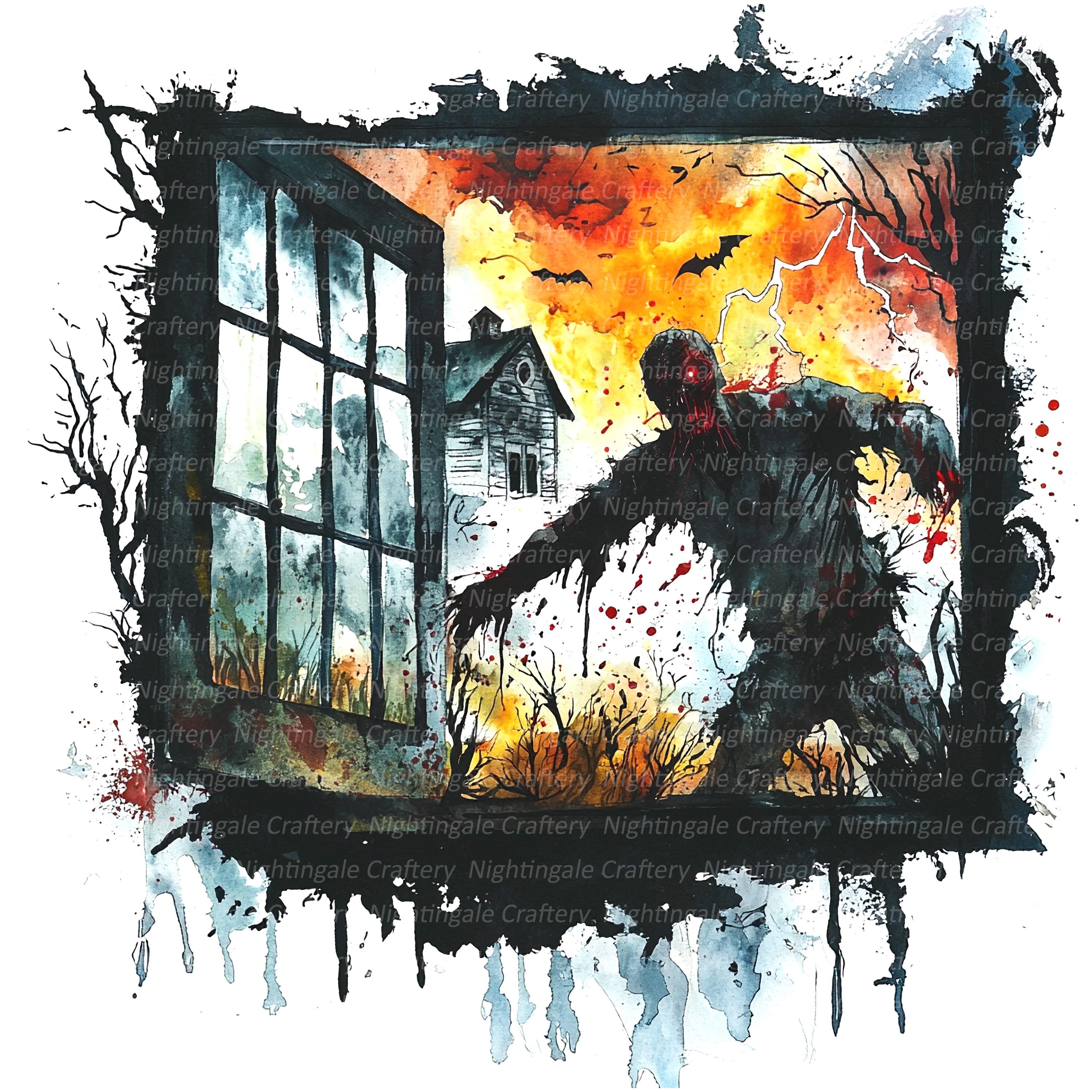 Zombie Window Scene 16 Halloween Clipart, Zombie and Window, Printable Watercolor Clipart ...