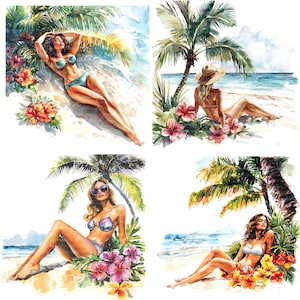16 Tropikalna kobieta Clipart, Kobieta na plaży, Wydrukowalne akwarelowe clipart, Wysokiej jakości JPG, Pobieranie cyfrowe, Rękodzieło papierowe, Dzienniki śmieci