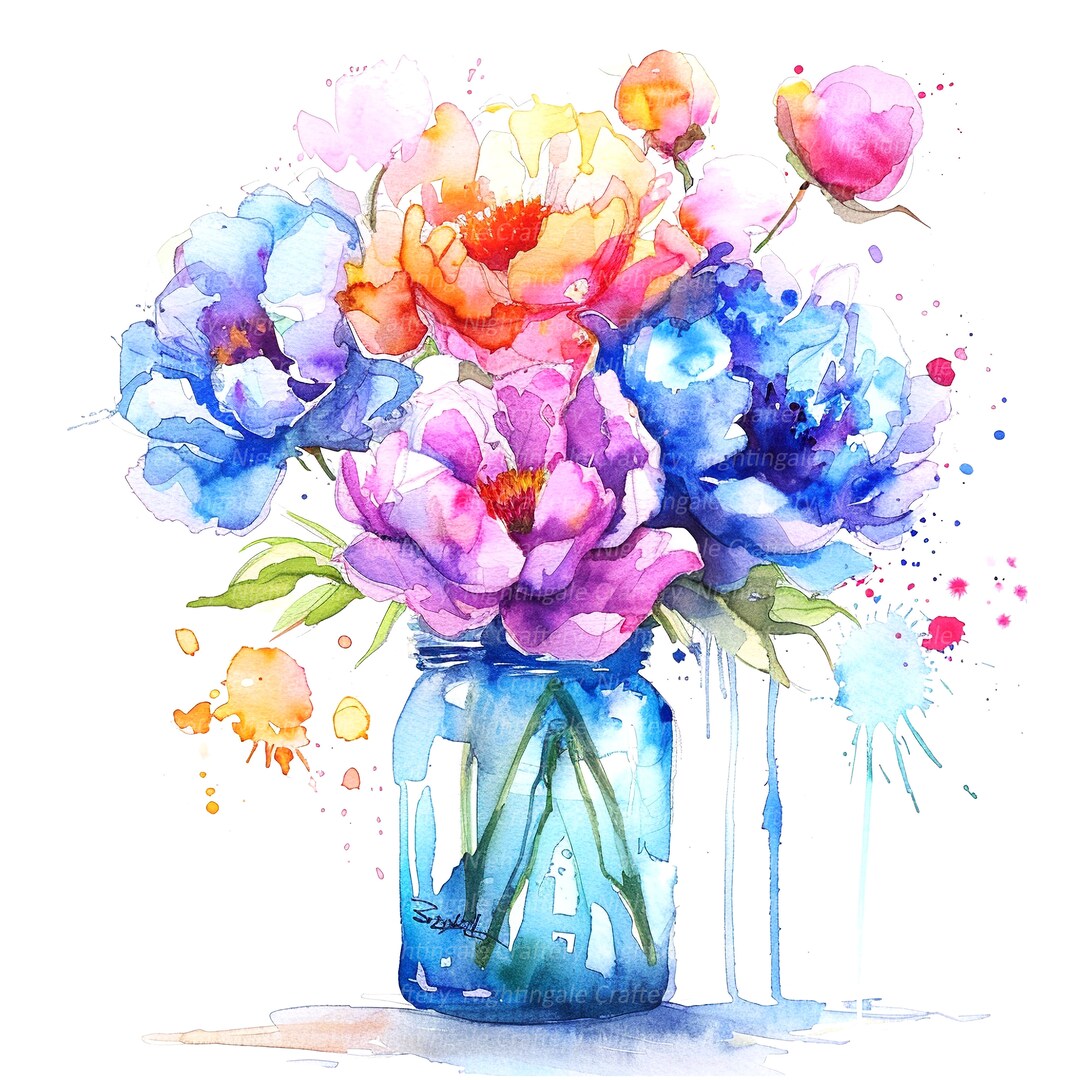 12 Printable Flowers Jar Clipart, Peonies Print, Printable Watercolor ...