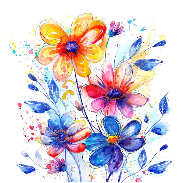 10 cliparts fantaisistes de fleurs, fleurs sauvages, clipart aquarelle imprimable, fichiers JPG de haute qualité, téléchargement numérique, créations en papier, journal indésirable