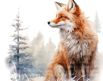 12 Fox in Winter Clipart, Printable Watercolor clipart, High Quality JPG/PNG, Digital download, High resolution, Paper crafts, junk journals