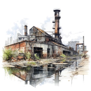 12 verlassene Fabrik Clipart, druckbare Aquarell Clipart, hochwertige JPGs, digitaler Download, hohe Auflösung, Papiermodelle, Junk Journals