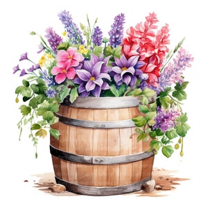 Op de afbeelding: Waterverfillustratie van een houten vat vol met een levendig assortiment bloemen. Het arrangement omvat roze, paarse, rode en gele bloemen, met groen blad. Het vat is bruin met metalen banden.