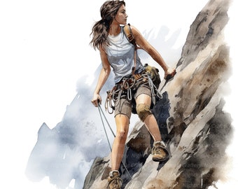 10 Woman Climbing Clipart, Rock Climbing, Printable Watercolor clipart, High Quality JPGs, Digital download, Paper craft, junk journal