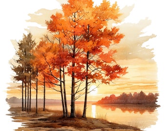 12 Sunset in Autumn Clipart, Fall Landscape, Printable Watercolor clipart, High Quality JPGs, Digital download, Paper craft, junk journal