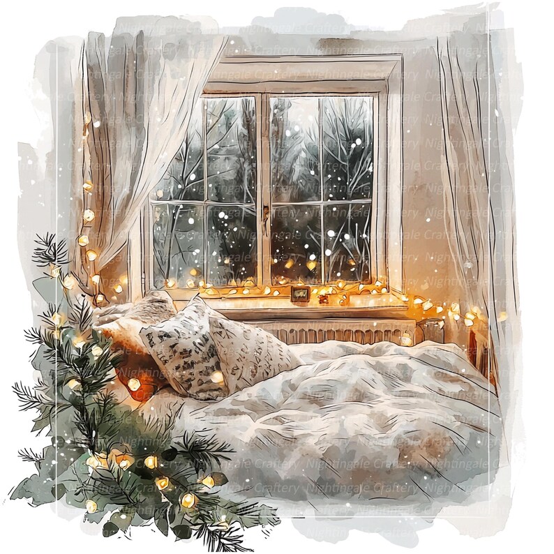 14 Cozy Bedroom, Christmas Clipart, Winter Window, Printable Watercolor ...