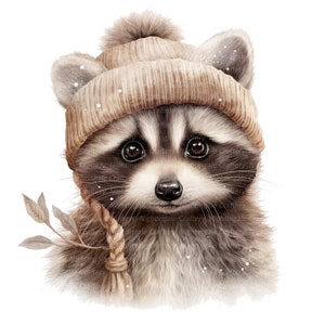 10 Waschbär in Wollmütze Clipart, Winter Waschbär, druckbare Aquarell Clipart, hochwertige JPGs, digitaler Download, Papiermodell, Junk Journal