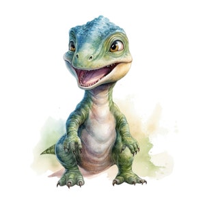 K&ouml;nnte beinhalten: Ein gr&uuml;ner und blauer Cartoon-Dinosaurier mit weit offenem Maul, der auf einem Aquarellhintergrund sitzt. Der Dinosaurier hat einen freundlichen Ausdruck und schaut nach links.