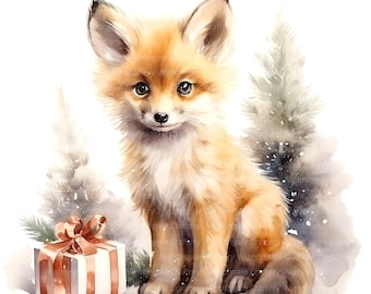 12 Christmas Fox Clipart, Baby Fox, Little Fox, Printable Watercolor clipart, High Quality JPGs, Digital download, Paper craft, junk journal