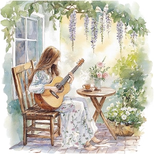 8 vrouw en gitaar clipart, bloemen gitaar, afdrukbare aquarel clipart, hoge kwaliteit jpg's, digitale download, Paper Craft, ongewenste tijdschriften