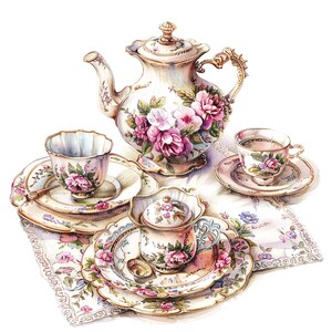 May include: A vintage tea set with floral designs. The set includes a teapot, two teacups, and saucers. The teapot has a lid and a handle. The teacups have handles and are decorated with pink and white flowers. The saucers are decorated with pink and white flowers.