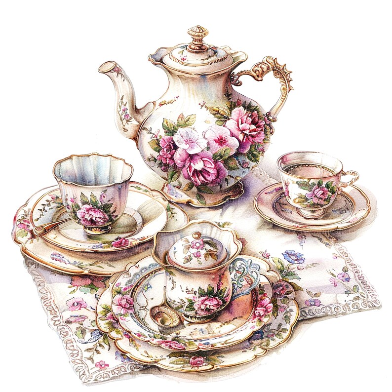 May include: A vintage tea set with floral designs. The set includes a teapot, two teacups, and saucers. The teapot has a lid and a handle. The teacups have handles and are decorated with pink and white flowers. The saucers are decorated with pink and white flowers.