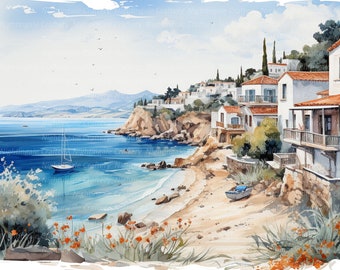 12 Greece Seaside Landscape Clipart, Printable Watercolor clipart, High Quality JPGs, Digital download, High Resolution, Paper craft
